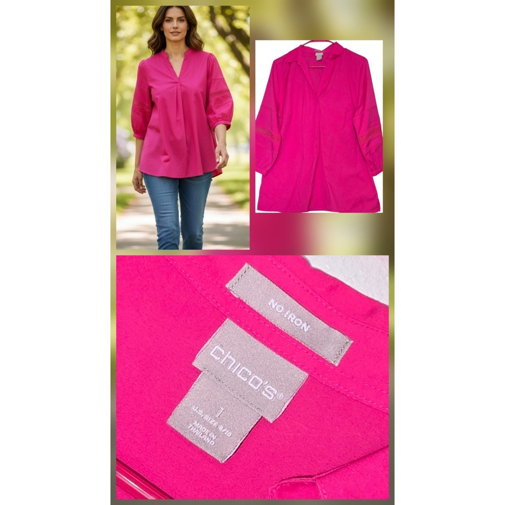 Chicos Size M Medium 1 No Iron Hot Pink Blouse Crochet Sleeve Shirt Top